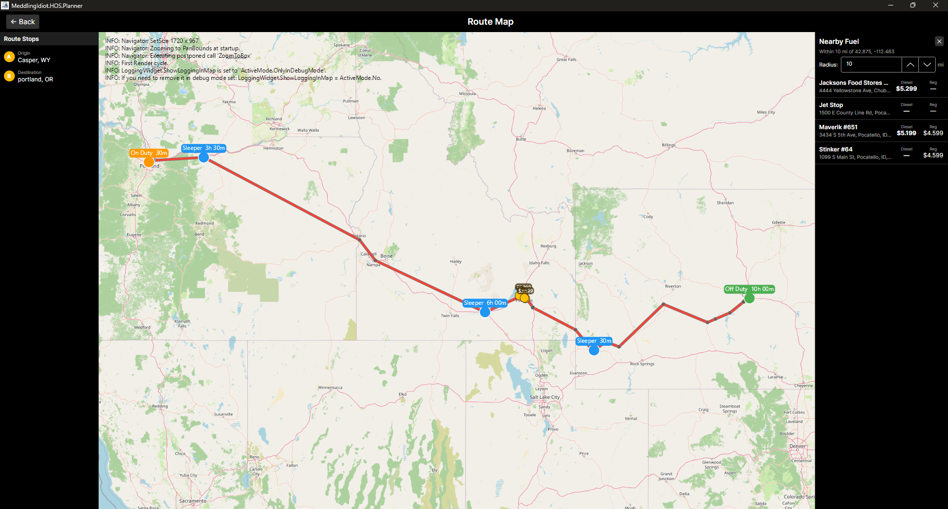 HOS Planner route map with nearby fuel stops