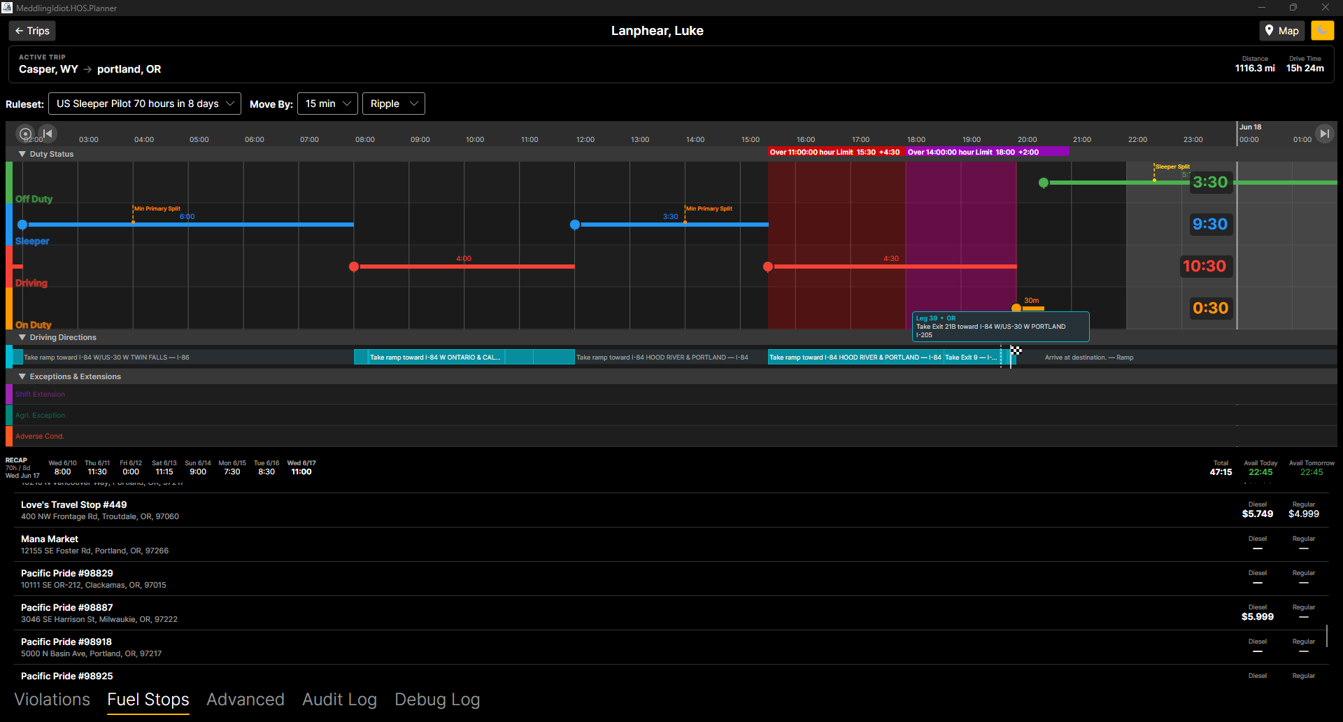 HOS Planner — live violation detection on the timeline